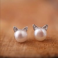 Нови котешки обеци перли с ушички, снимка 1 - Обеци - 35407046