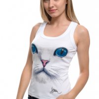 Нов дамски бял потник с 3D принт Котка със сини очи, Х-гръб, прав гръб, снимка 6 - Потници - 28361545