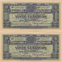 20 центаво 1933, Мозамбик(2 банкноти с перфорация), снимка 1 - Нумизматика и бонистика - 35359106