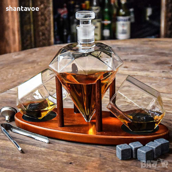 Стъклен сет за уиски с декантер Диамант, 2 чаши и камъни за охлаждане, снимка 1
