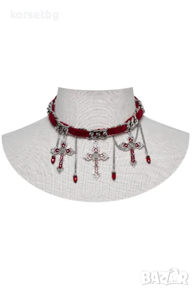 Готически чокър с червено кадифе, висулки кръстове и декоративни вериги- 9028, снимка 1