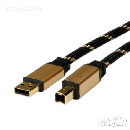 Кабел USB-A към USB-B 2.0 Roline 11.02.8803 Gold, 3.0m USB Type A to USB B M/M, Оплетка, снимка 1