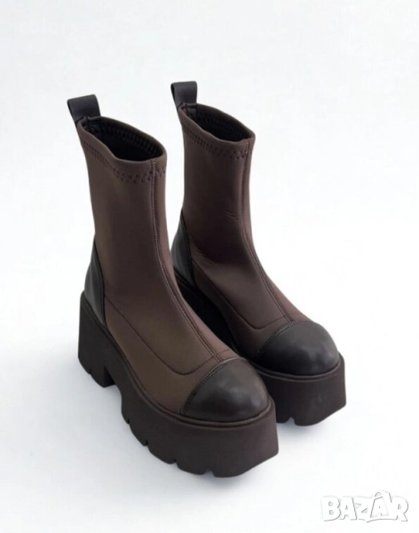 Боти на платформа - кафяв неопрен и кожа - LT50 , снимка 1