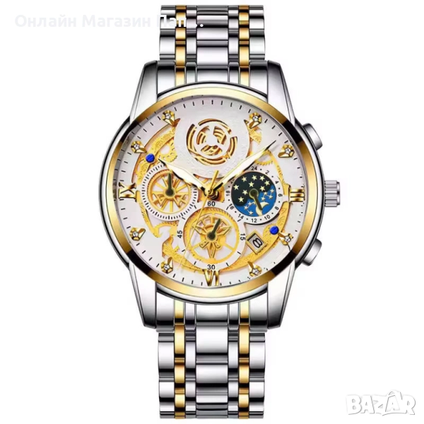 Мъжки кварцов часовник BINBOND 4010 – Златисто-сребрист дизайн с диамантени индекси и лунна фаза, снимка 1