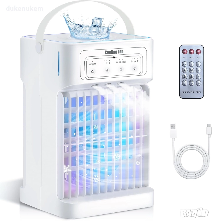 Преносим климатик 4-в-1, водно охлаждане, 1100 мл, 3 скорости, LED светлина, снимка 1