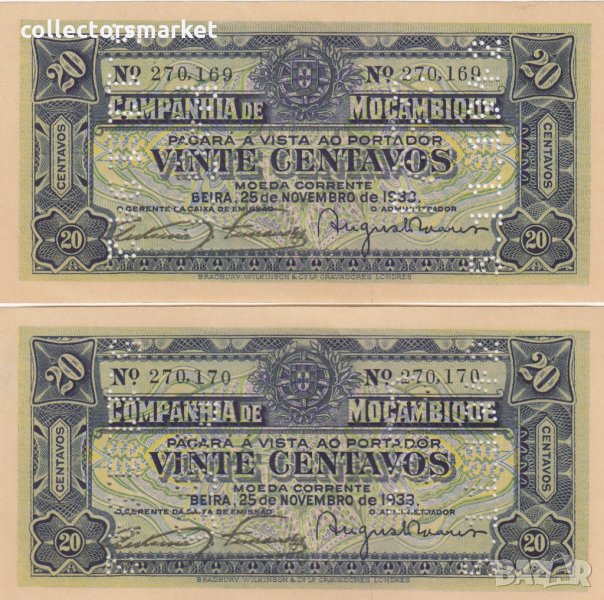 20 центаво 1933, Мозамбик(2 банкноти с перфорация), снимка 1