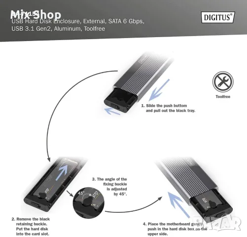 Нов DIGITUS Външна кутия за M.2 – USB 3.1 Gen2 Type-C – 6 Gbit/s, снимка 5 - Друга електроника - 55751593