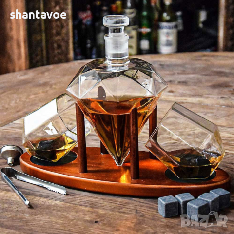 Стъклен сет за уиски с декантер Диамант, 2 чаши и камъни за охлаждане