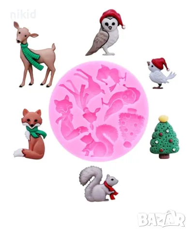 Горски животни коледен елен катерица лисица врабче елха бухал силиконов молд форма фондан декор, снимка 2 - Форми - 48327465