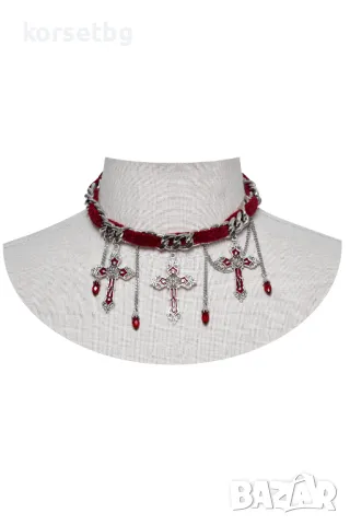 Готически чокър с червено кадифе, висулки кръстове и декоративни вериги- 9028, снимка 1