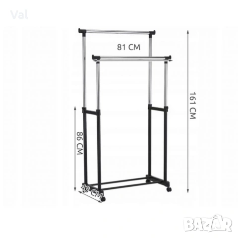 Двойна стойка за дрехи на колела - лесно преместване и повече място за дрехи, снимка 5 - Закачалки - 53879632