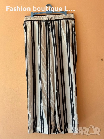 H&M Бял панталон на райе с ластик в кръста с връзки и странични джобове 38 размер 🤍