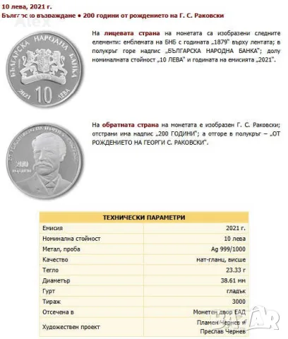 Възпоменателна Колекционерска Монета 200 години от рождението на Г. С. Раковски сребърни