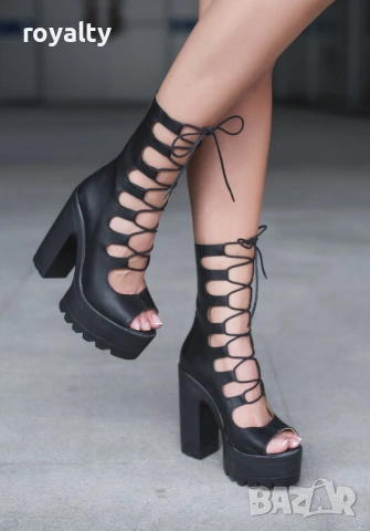 Летни боти на ток - черна кожа