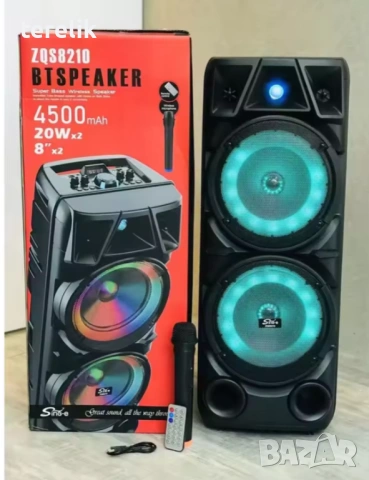 ** Нова ZQS 8210 2х8 120W 6500mah 2 микрофона ПРЕНОСИМА КАРАОКЕ КОЛОНА От вносител 12 месеца гаранци