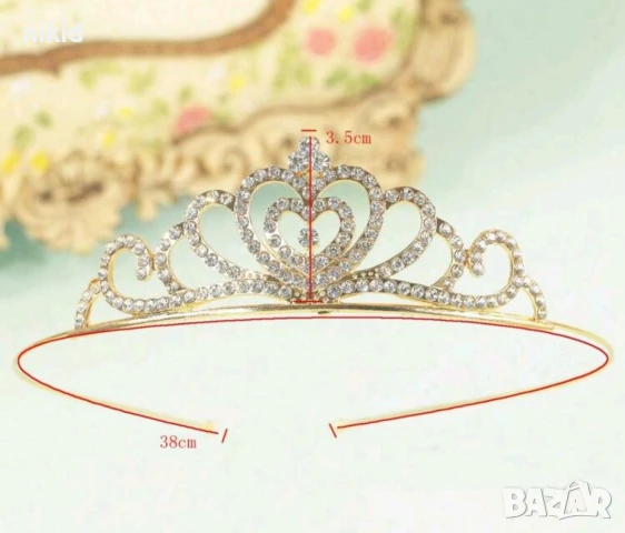 Златиста със сърце сърца и камъчета метална диадема тиара венец корона дамска детска, снимка 3 - Аксесоари за коса - 50705787