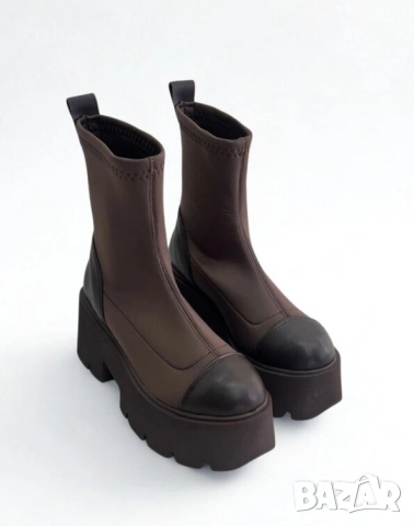 Боти на платформа - кафяв неопрен и кожа - LT50 