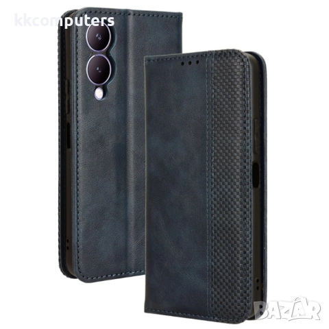 Кожен Ретро Калъф за vivo Y17s 4G / Y28 5G / Y33t -Магнитно затваряне, Държач за Карти и Стойка, вкл, снимка 3 - Калъфи, кейсове - 52560501