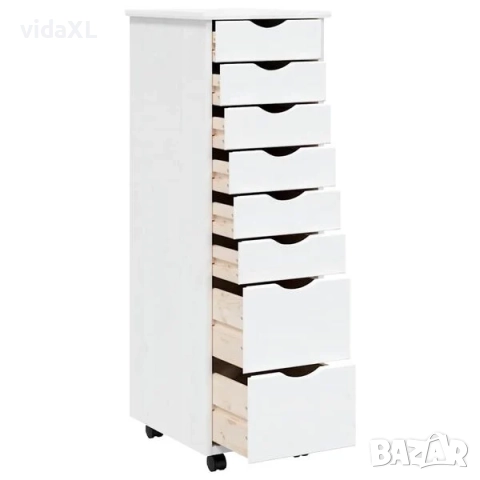 vidaXL Шкаф с чекмеджета на колелца MOSS, бял, бор масив(SKU:355895), снимка 2 - Шкафове - 52569433