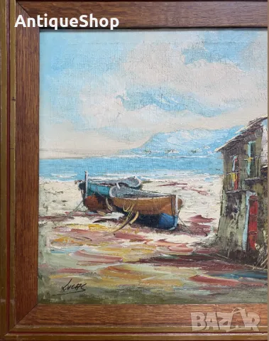 Картина, масло, платно, рибарска, лодка, Lucas, оригинал, пейзаж, подписана, снимка 3 - Картини - 50418004