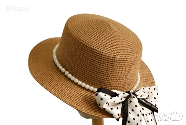 Елегнтна дамска сламена шапка в стилен дизайн с перли и пандела на точки, снимка 10 - Шапки - 52895436