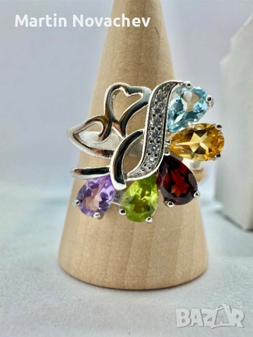 Сребърен пръстен с естествени камъни, снимка 5 - Пръстени - 53211206