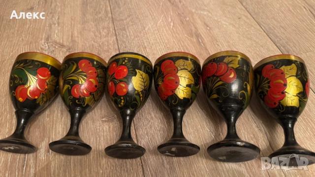 Хохлома, комплект дървени чаши на столче., снимка 5 - Антикварни и старинни предмети - 53220963
