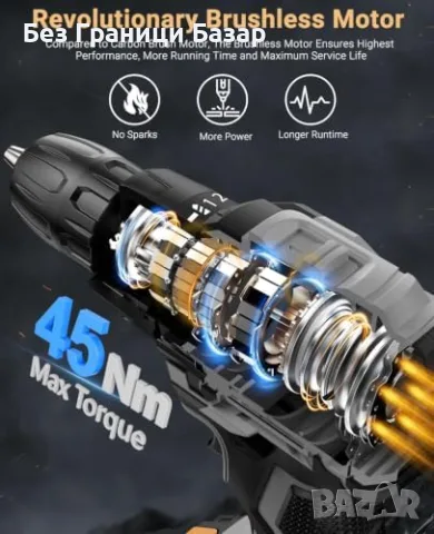 Нов Винтоверт Акумулаторна бормашина 21V 45Nm Brushless 2x2.0Ah 20+1 степени 14 аксесоара куфар, снимка 2 - Винтоверти - 56130915