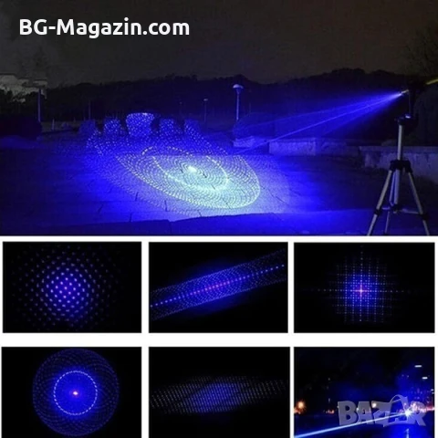 Мощен син акумулаторен лазер 5000mW пойнтер горящ палещ клечка кибрит балон с предпазни очила, снимка 5 - Друга електроника - 51040524