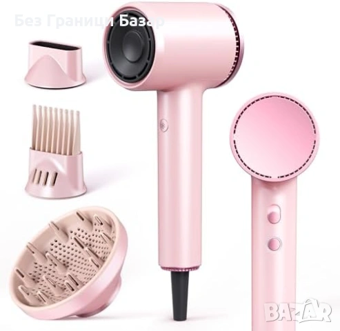 Нов Компактен йонен сешоар 1600W дифузер 2 скорости розов за коса жени бързо сушене