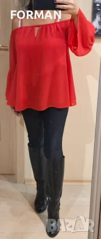 Червена риза с отворени рамене, снимка 3 - Ризи - 47958448
