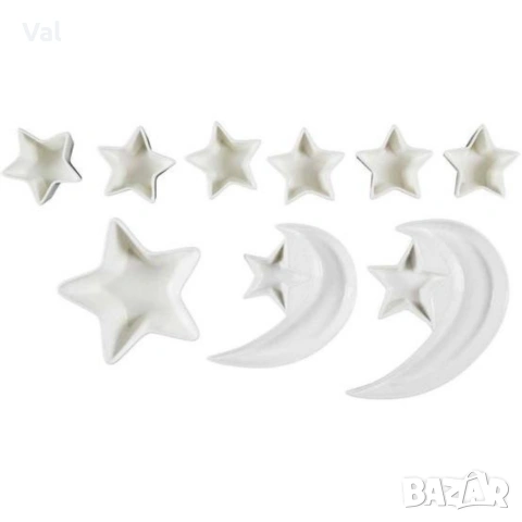 Луксозен комплект плата и купички във формата на Полумесец и Звезда - 9 части, бял порцелан