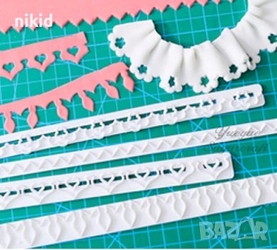 3 вид сърца цветя назъбени 4 бр орнаменти дантели кант борд торта фондан пластмасови резци релси