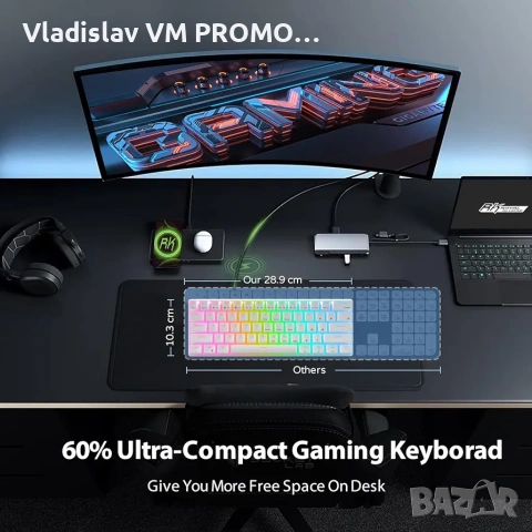RK ROYAL KLUDGE RK61 Жична 60% механична геймърска клавиатура, програмируема QMK/VIA RGB подсветка, снимка 5 - Клавиатури и мишки - 54093870