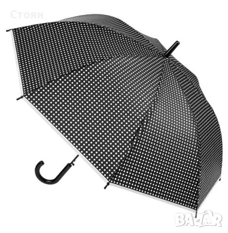 Чадър тип бастун автоматичен черен бял на точки 81 см, снимка 3 - Други - 42877403