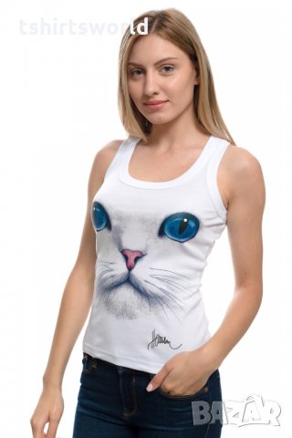Нов дамски бял потник с 3D принт Котка със сини очи, Х-гръб, прав гръб, снимка 6 - Потници - 28361545