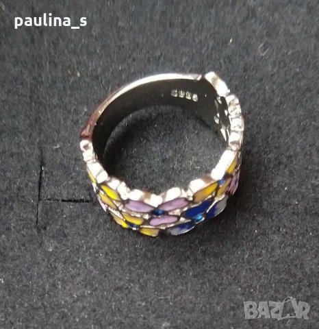 Пръстен с ръчно рисуван емайл и кристали - s925 за кутрето, снимка 3 - Пръстени - 29516190