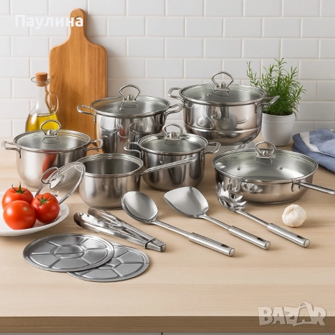 Премиум комплект съдове и прибори за готвене от неръждаема стомана – 18 части, снимка 1