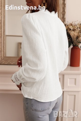 Дамска памучна блуза в бяло с дълъг ръкав, снимка 2 - Блузи с дълъг ръкав и пуловери - 42766961