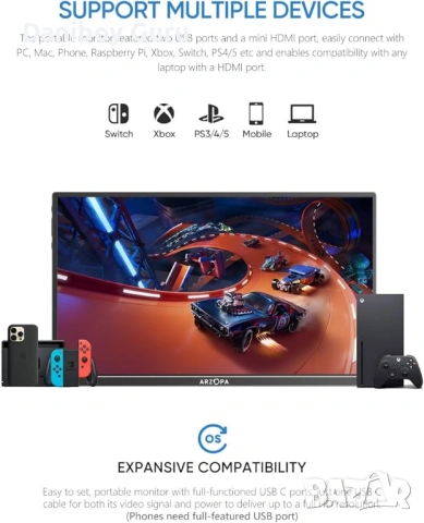 Преносим монитор Arzopa A1S 14", 1920x1080 пиксела, USB-C, снимка 3 - Монитори - 53378990