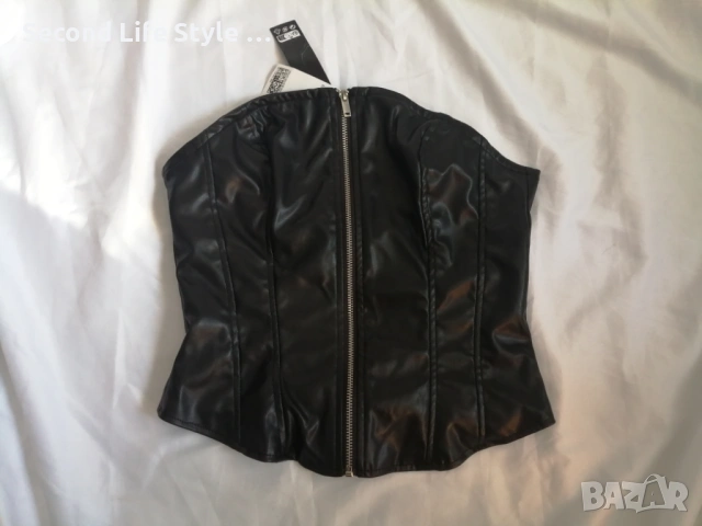 H&M нов кожен топ корсет-бюстие с цип отпред р-р XS 