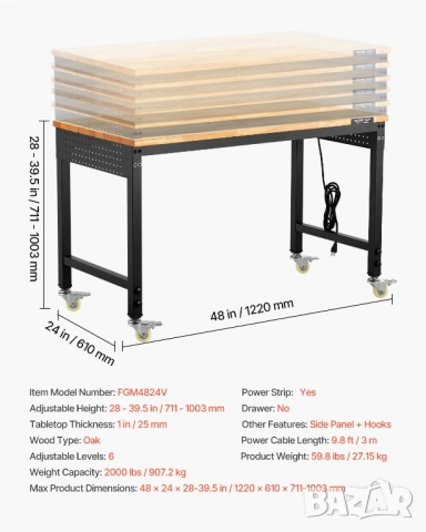 Работна маса, Vevor, дърво, 900 кг, правоъгълна, с колела, 121x60 см, кафява и допълнителен плот USB, снимка 6 - Други стоки за дома - 54129273