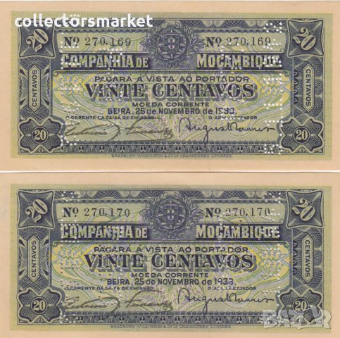 20 центаво 1933, Мозамбик(2 банкноти с перфорация)