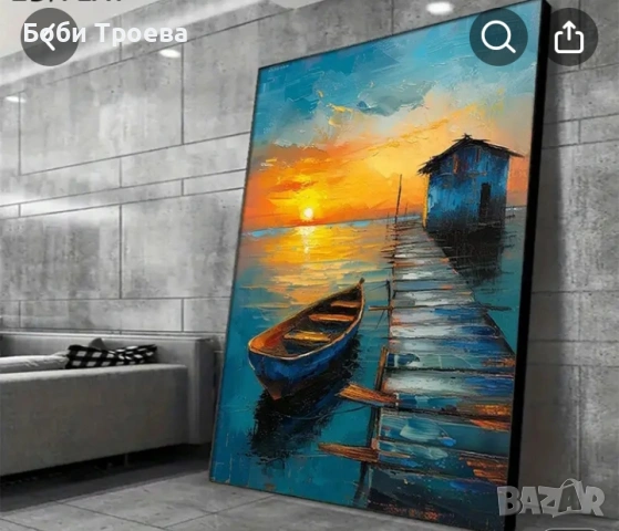 Модернистична картина-Морски Къщичен Залез с Ярки Мечтани Цветове,