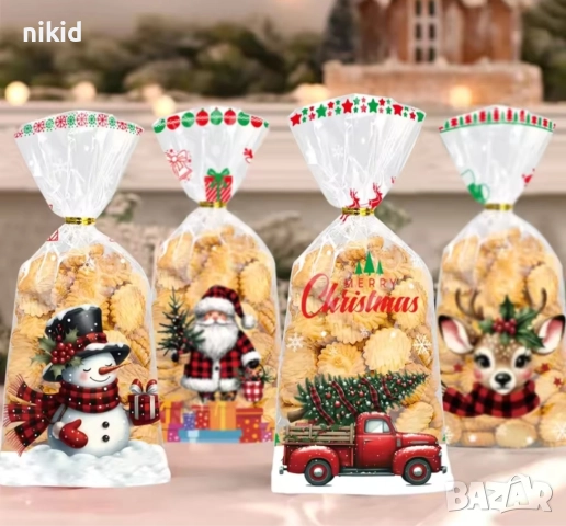10 Коледни прозрачни подаръчни торбички големи опаковъчни пликчета дребни сладки изработка подарък, снимка 2 - Други - 52370185