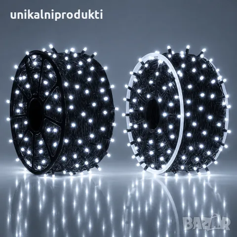 Коледни LED лампички 23 метра макара черен кабел студено бяла снежна светлина 
