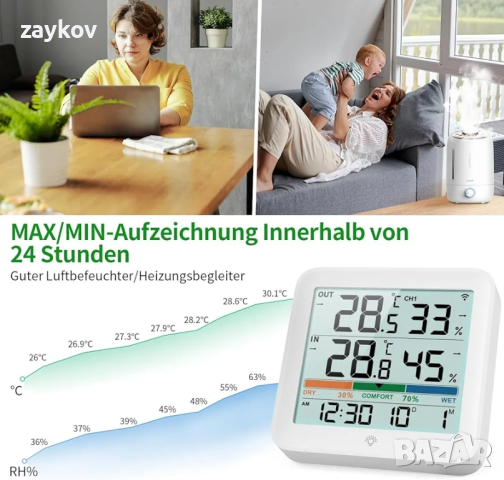 VOCOO вътрешен/външен термометър, безжична метеорологична станция, хигрометър с външен сензор, снимка 5 - Друга електроника - 44697676