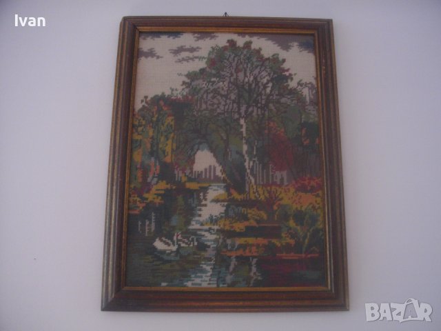 Нов Голям DMC Гоблен-Холандски-Рамкиран-Есенен Речен Пейзаж-550х410мм-ОТЛИЧЕН, снимка 2 - Гоблени - 37110162