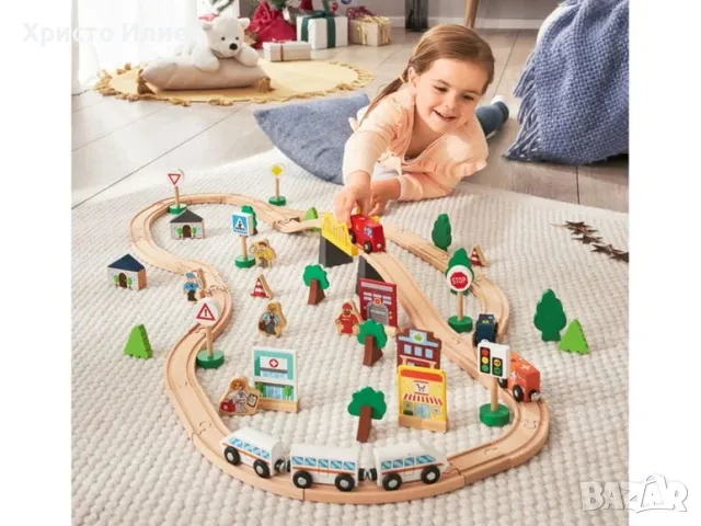 Влак с дървени релси Железница Дървен железопътен Град, снимка 3 - Влакчета, самолети, хеликоптери - 50179753