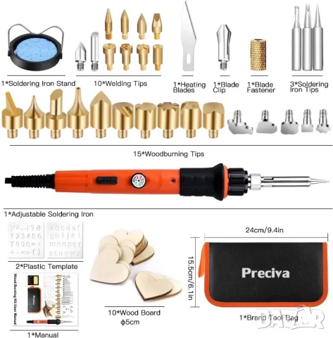 Пирограф Preciva 60W, 45 части, калъф, накрайници, аксесоари + поялник, снимка 7 - Поялници и запояване - 50381254